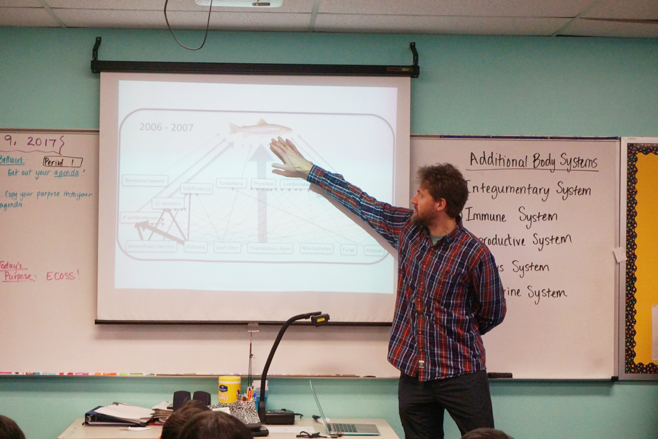 An Ecoss scientist presenting to a classroom from a projected slide