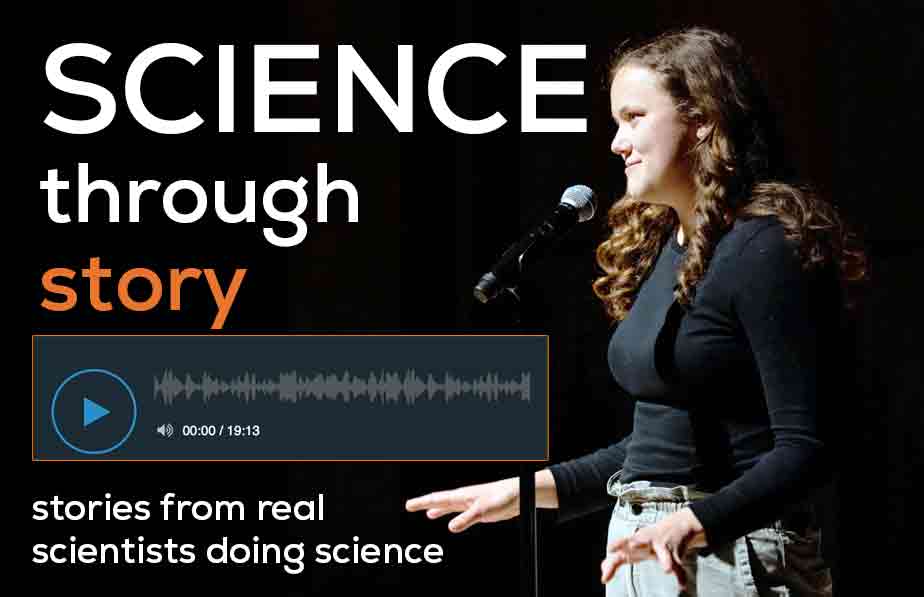 Science through Storytelling — a storyteller on stage at the Flagstaff Festival of Science